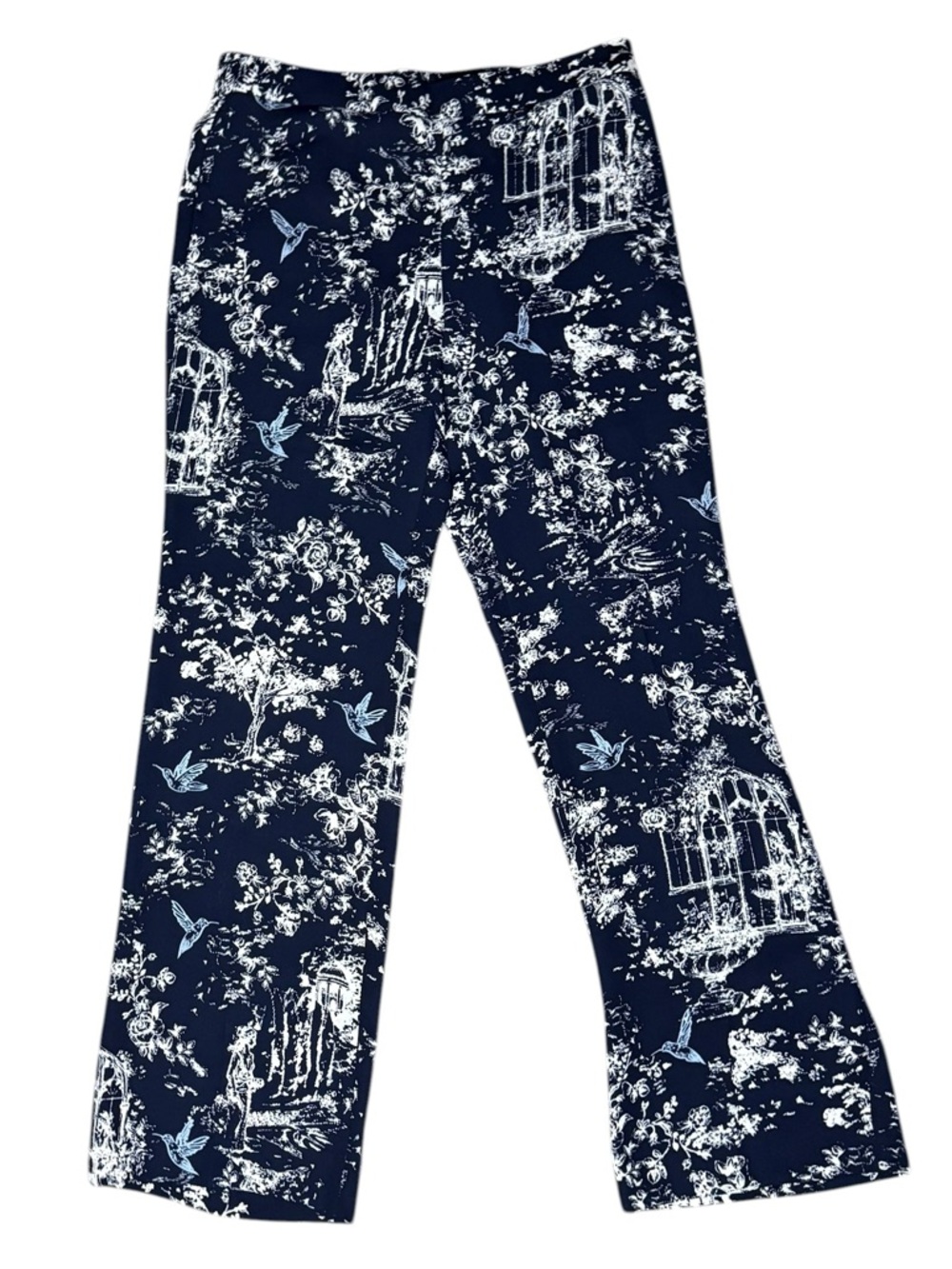 Chico's Navy Blue Toile Floral Hummingbird Wide Leg Pants Sz 0 Reg (4-6/S)